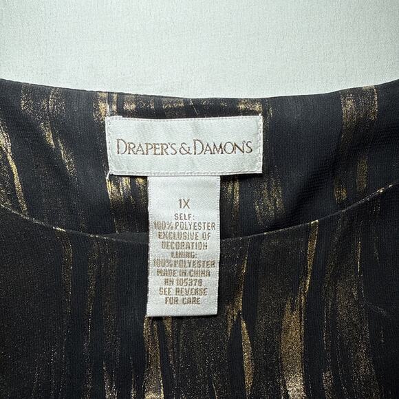 Drapers & Damons Black Gold Elastic Hem Womens Size 1X Blouse Party Holiday EUC - Picture 2 of 13